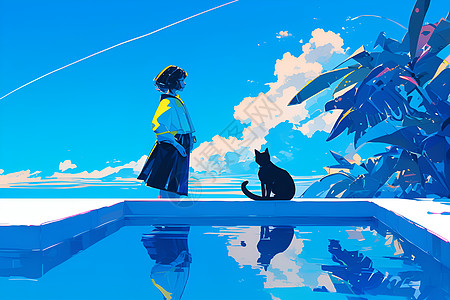 水池边的猫和女孩背景图片