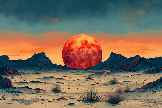 日落时的沙漠插画图片