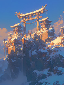 冬日暖光照耀下的雪山石门背景图片