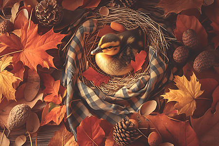 鸭宝宝舒适地依偎在秋叶巢中图片