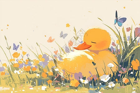 躺在柔软草坪上的小鸭子图片