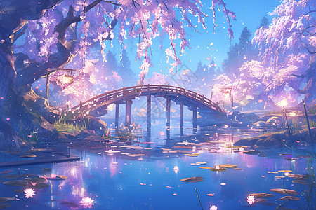 梦幻桥上的樱花仙境图片