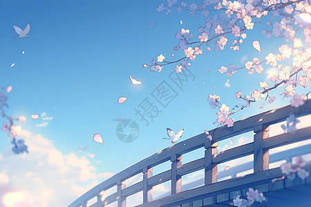樱花桥上飘落的美景图片
