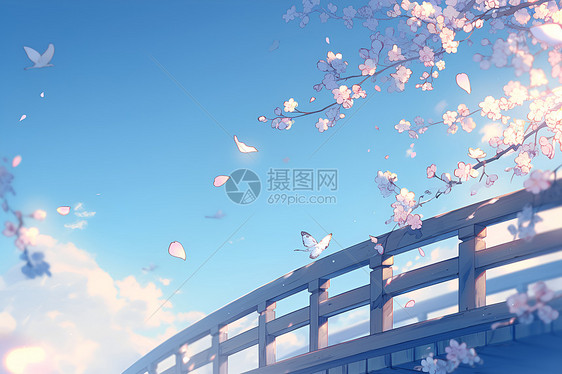 樱花桥上飘落的美景图片