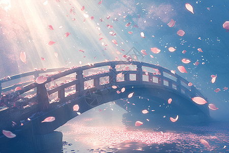 桥上飘落樱花图片