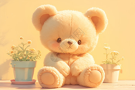 一只泰迪熊和盆栽图片