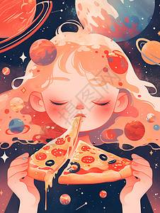 女孩吃披萨图片