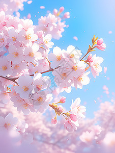 粉色樱花飘满蓝天下图片