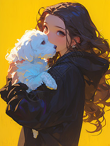 少女抱着白色小狗背景图片