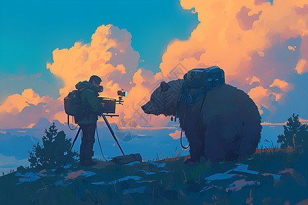 熊和摄影师记录户外美景背景图片