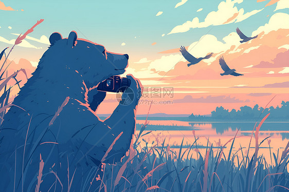 湖边日落下拍摄宁静的风景的熊图片