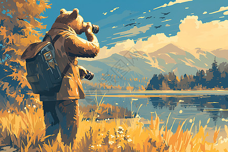 湖畔日落熊用相机捕捉风景图片