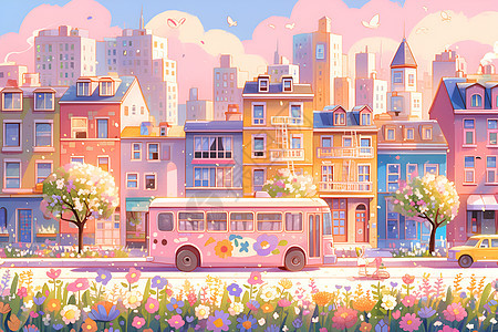 粉红巴士漫游城市图片