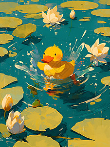 荷塘中戏水的小鸭子图片