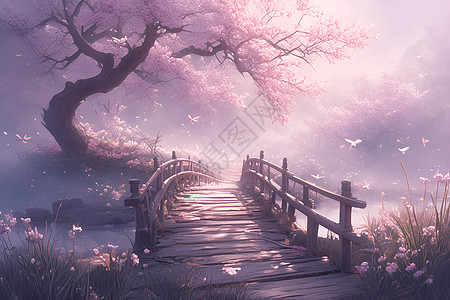 阳光下的樱花桥高清图片