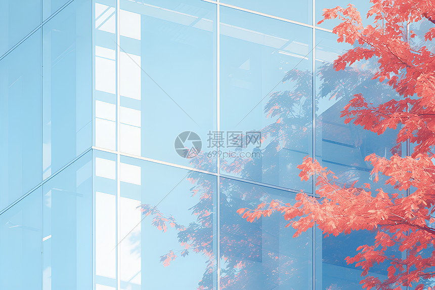 建筑窗户上的树叶倒影图片