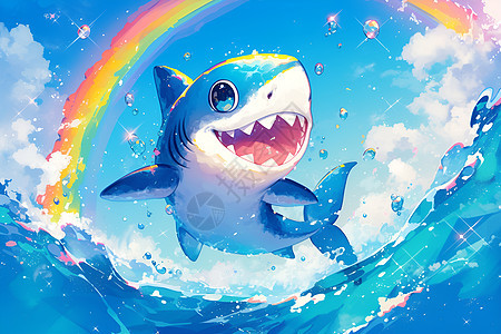 彩虹下戏水的鲨鱼图片