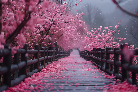 樱花手绘铺满桥梁的樱花背景