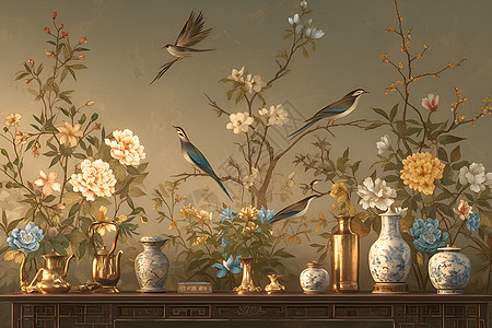 桌上花瓶和小鸟图片