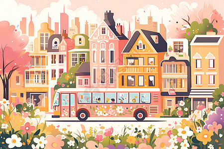粉色巴士驶过城市图片
