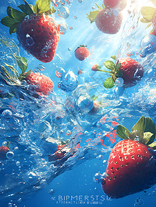 水中的新鲜草莓图片
