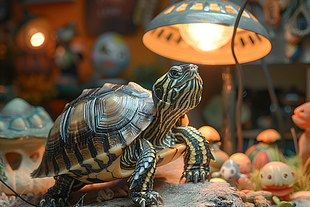 宠物龟在热灯下晒太阳高清图片