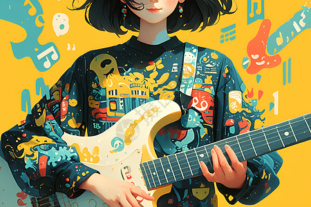 彩绘女孩手持吉他高清图片