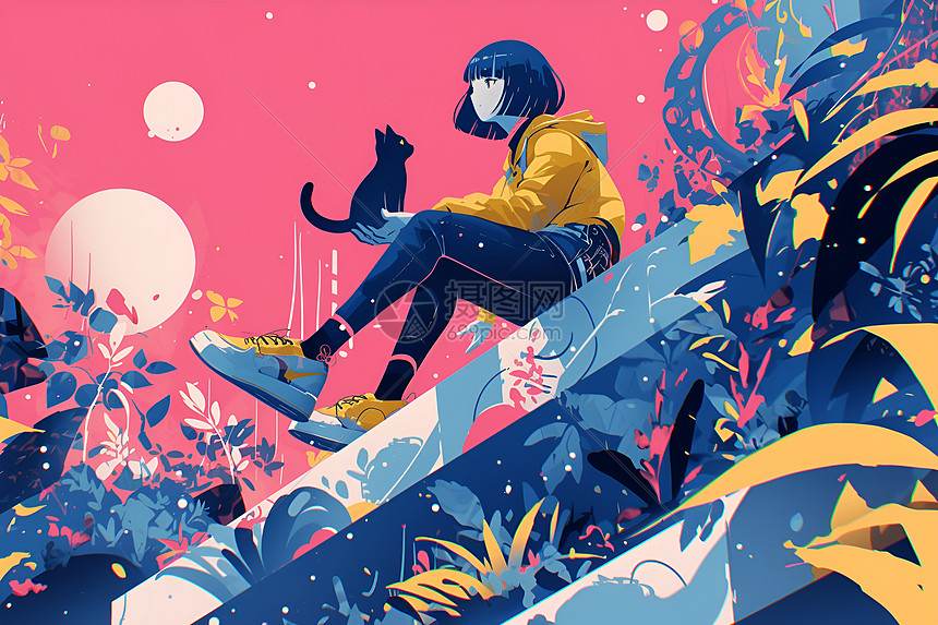 少女与猫抽象场景图片