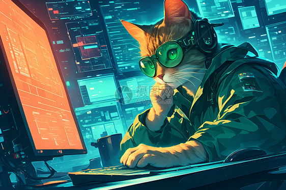 猫咪穿着护目镜坐在电脑前图片