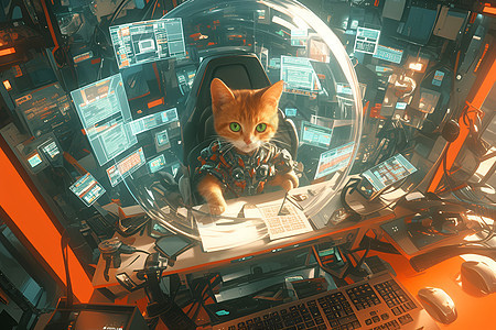 猫咪坐在电脑前图片