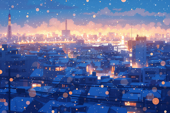 冬夜奇幻雪城璀璨夜景图片