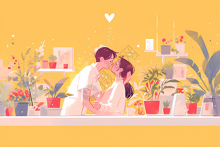 一对情侣黄墙前一对接吻的情侣插画