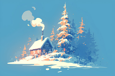 冬日温馨小屋树木背景图片