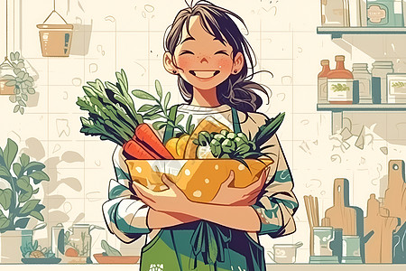 厨房食材少女抱着蔬菜插画