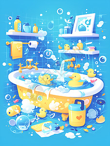 浴缸中的卡通鸭子插画图片