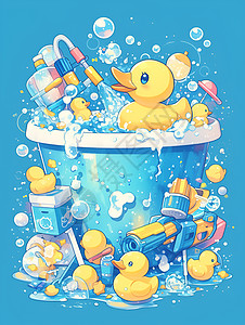 浴缸中的卡通鸭子插图图片