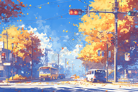 国外秋天街道的交通插画