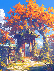 秋天大树下的房子背景图片