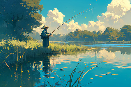 湖边钓鱼图片