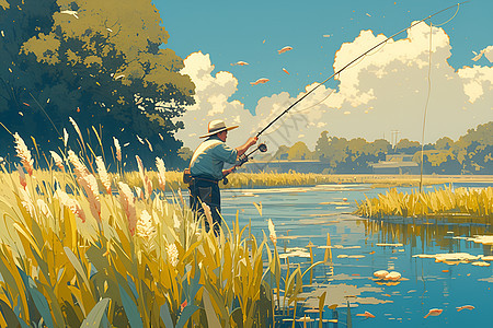河流边钓鱼的男人图片