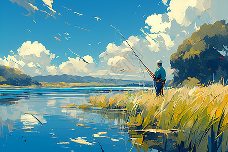 湖边钓鱼图片