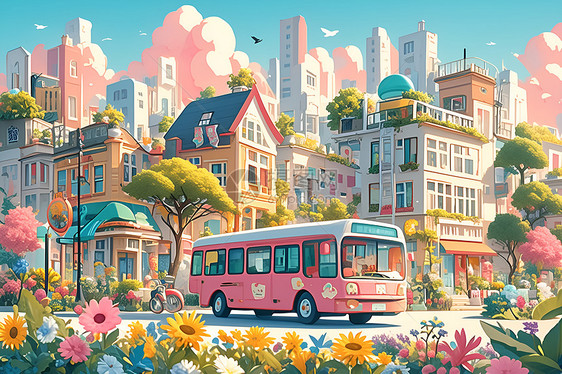 粉红色巴士穿梭在繁华的都市图片