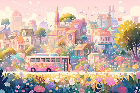 粉色巴士穿行于城市高清图片