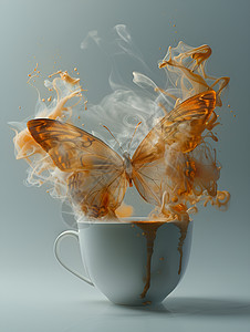 咖啡杯上冒着蝴蝶状的热气图片