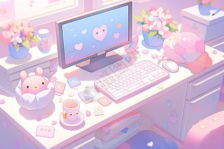 粉色书桌上的电脑图片