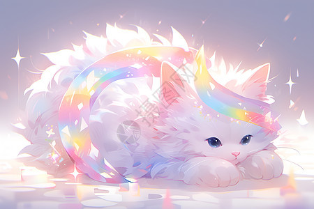 七彩梦幻的白猫图片