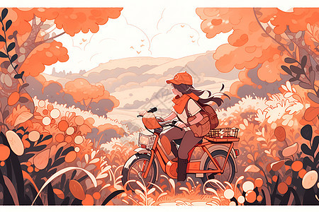女孩骑着自行车穿行在秋日森林里图片