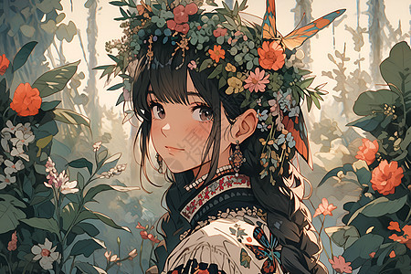 树林里的花冠女孩图片