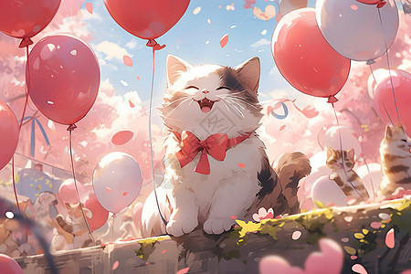气球间的快乐猫咪图片