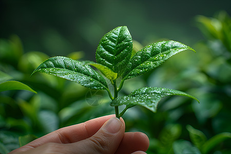 手握嫩绿茶叶背景图片